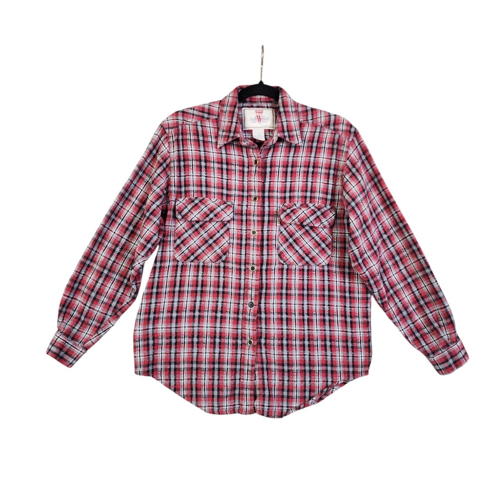 Levis Womens Vintage 90s Plaid Flannel Button Down Shirt Size Small Elbow Patch